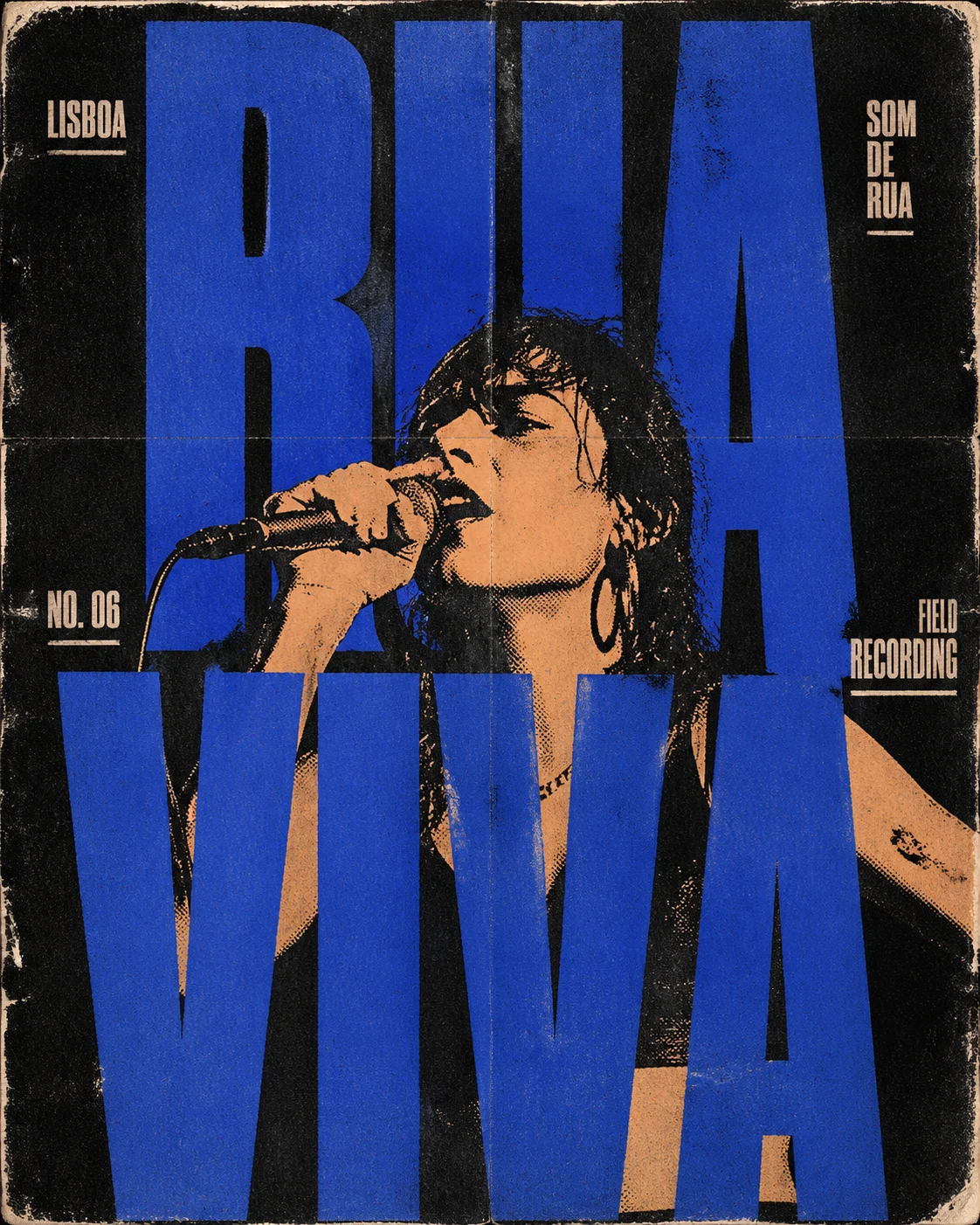 Cartaz punk português com tipografia gigante e retrato em serigrafia