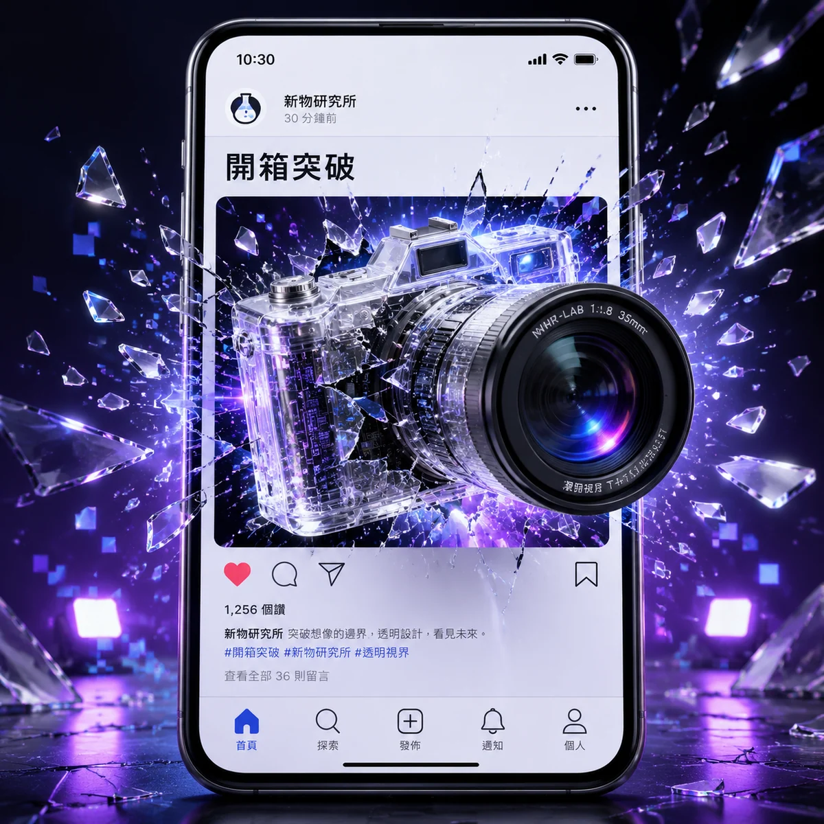 Beispielposter mit Handy-Screen-Breakout und eigener Social-UI