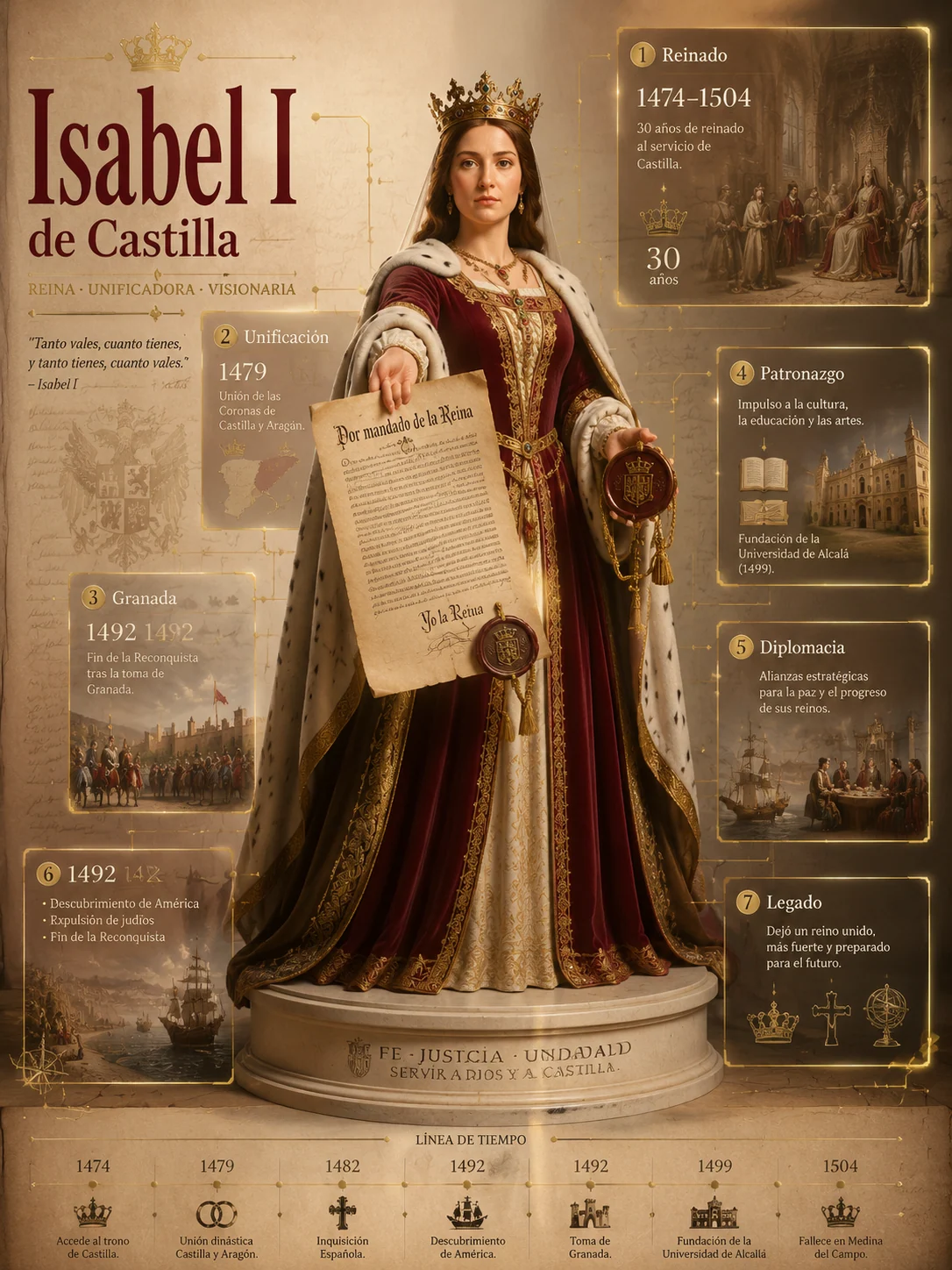 Spanish 3D biography poster for a historical queen