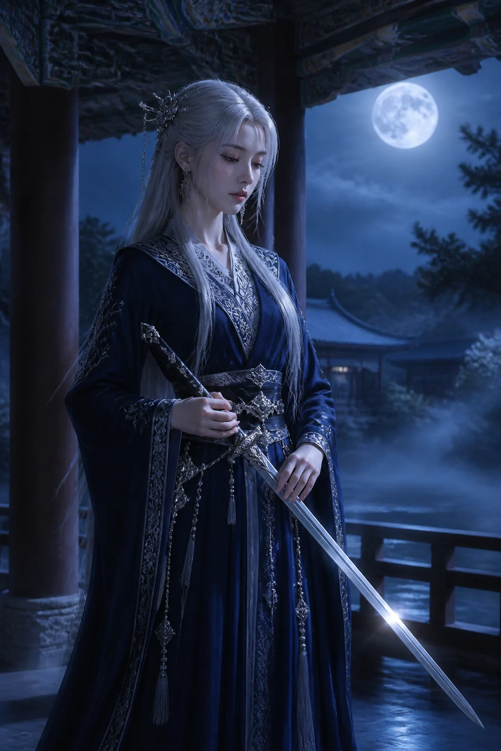 Quiet silver-haired muse holding a ceremonial blade sample
