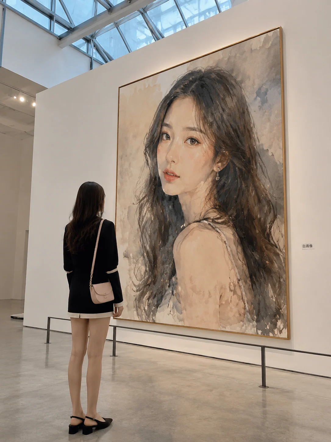 Exemplo de mulher adulta observando um autorretrato em aquarela gigante em galeria moderna