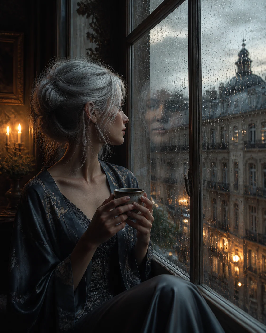 Silver-haired muse by a rainy window portrait sample