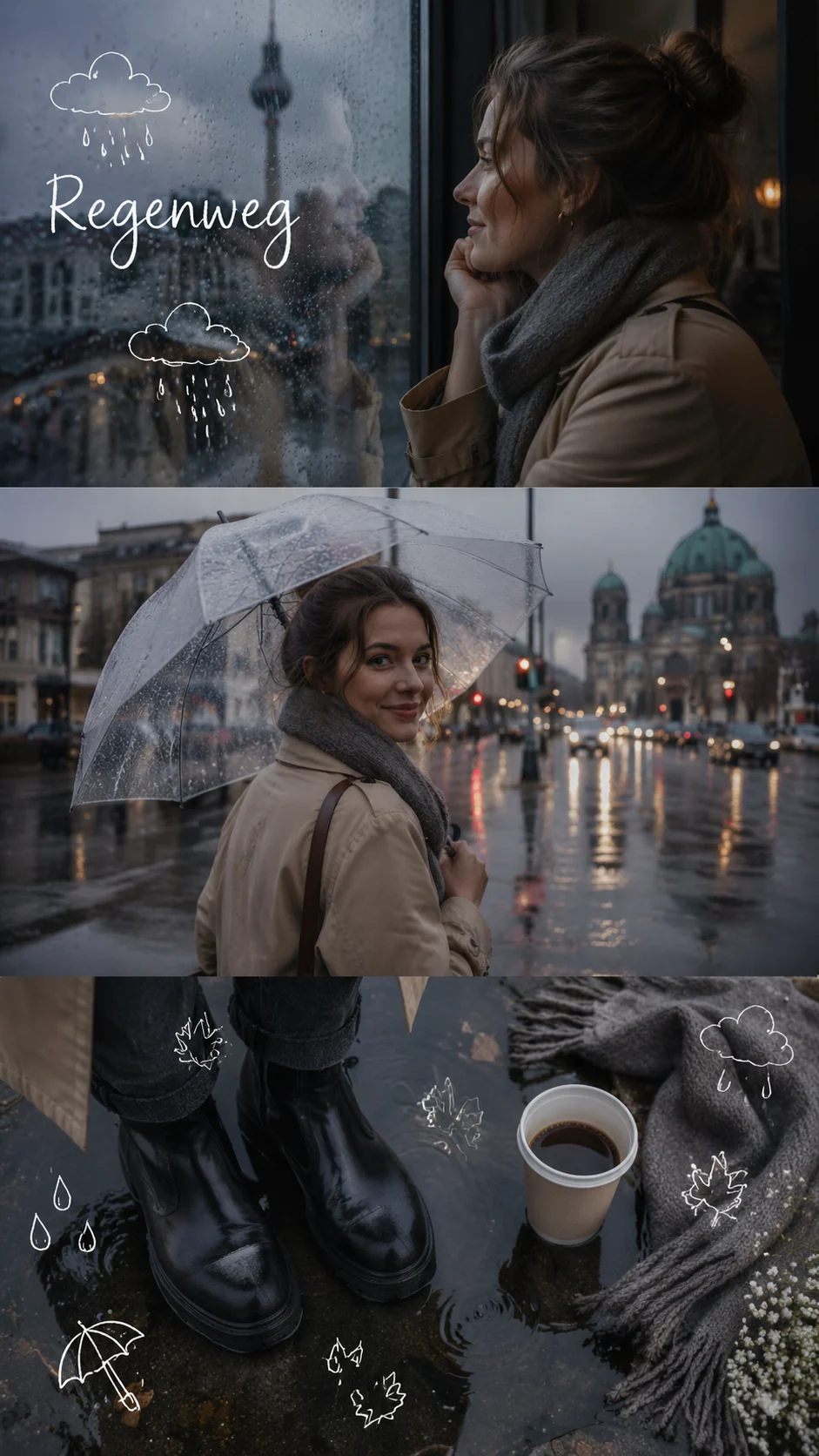 Rainy day lifestyle collage with window and street frames