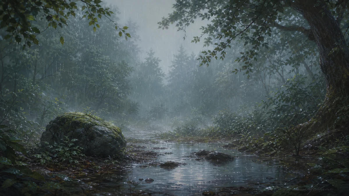 带有薄雾和雨水氛围的林地背景