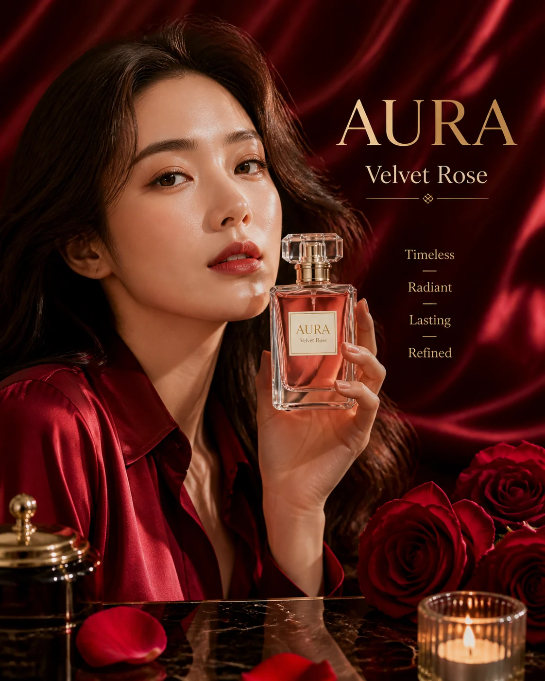 Red silk perfume portrait ad sample
