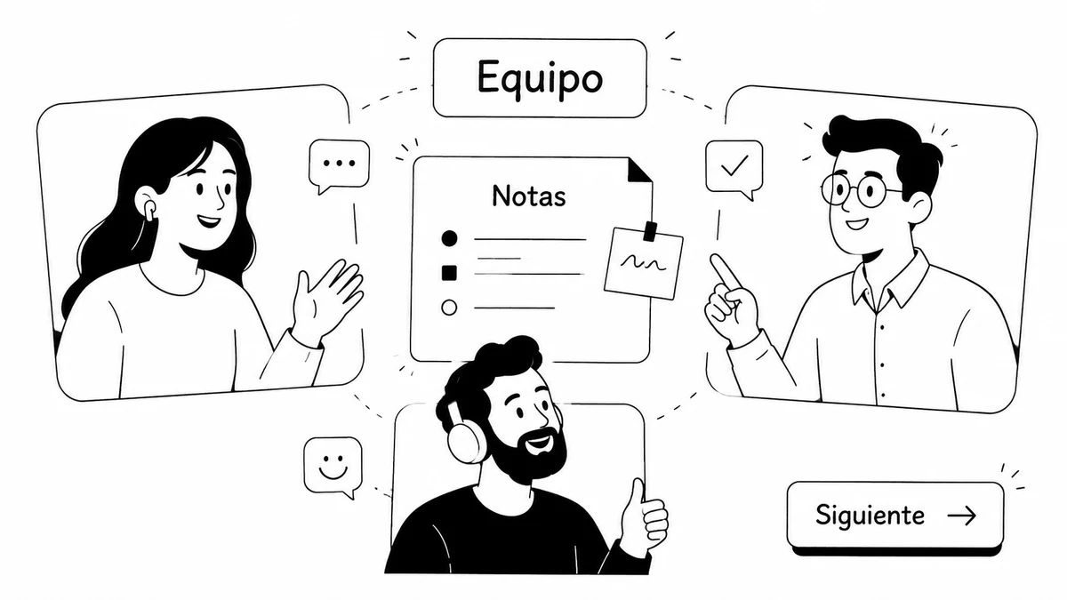 Ilustración monocromática en español sobre colaboración remota
