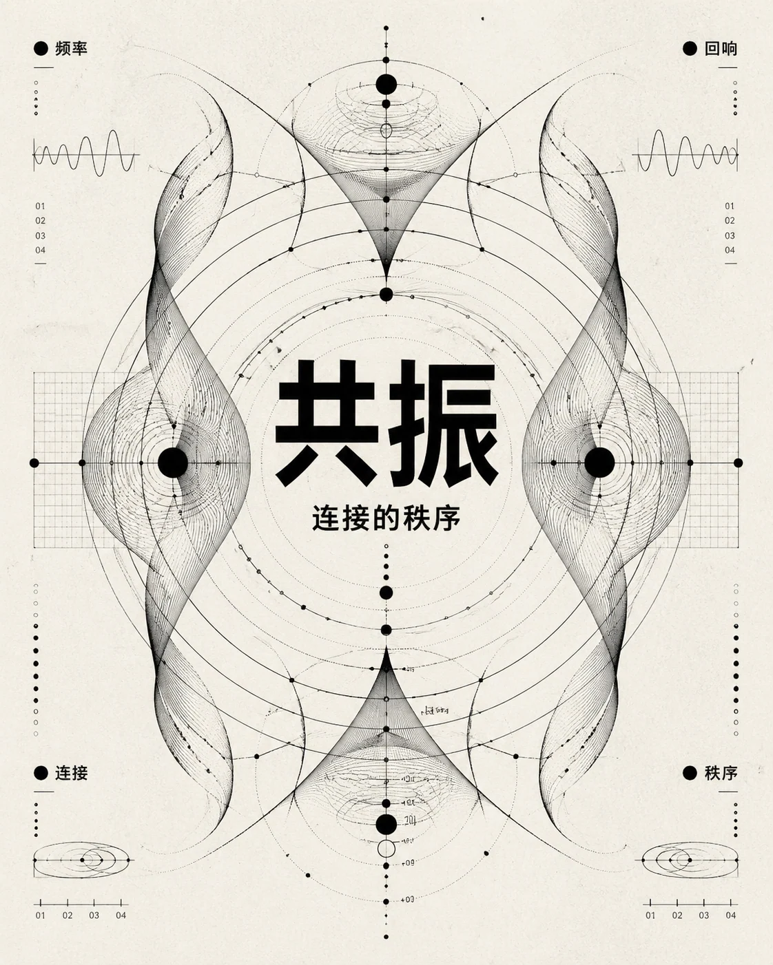 Symmetrical monochrome concept poster with resonance graphics