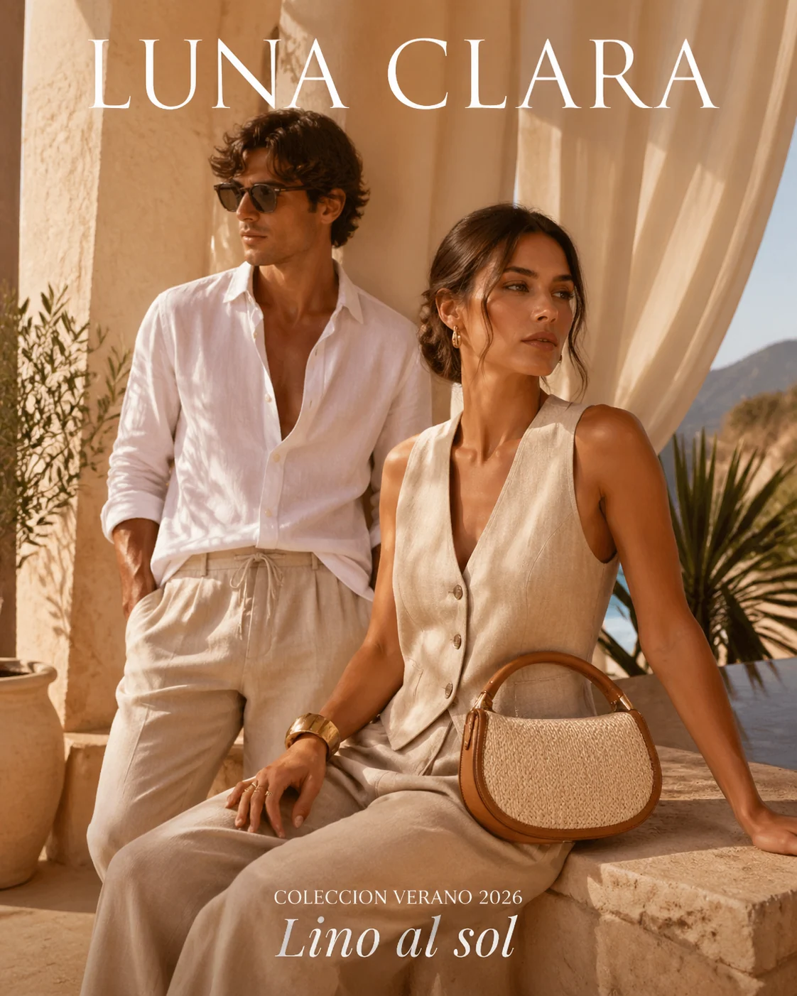 Ejemplo de anuncio de moda: Resort linen fashion collection ad in warm daylight