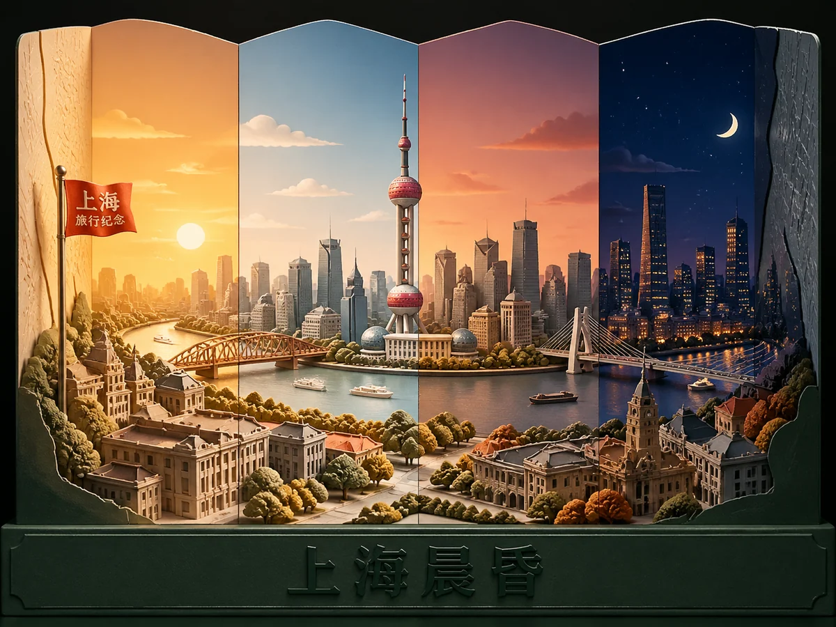 Layered paper-cut river city map with morning light