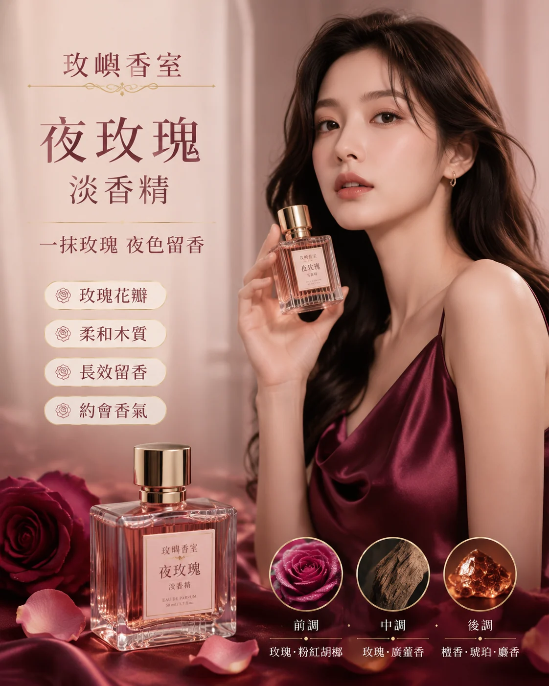 繁體中文玫瑰香氛美妝廣告示例
