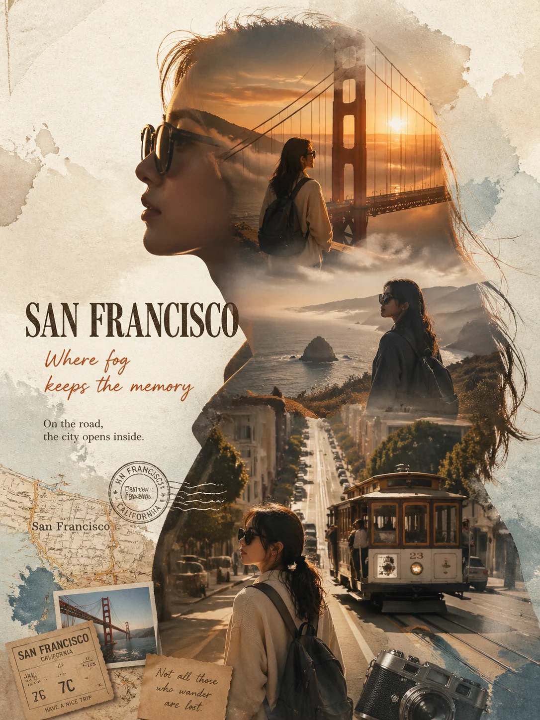 English San Francisco travel silhouette collage poster sample