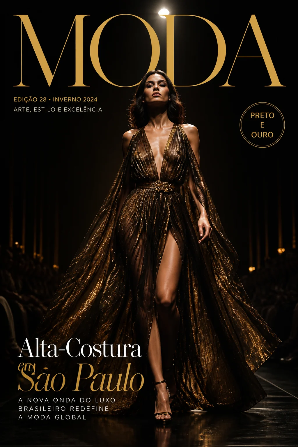 Capa editorial de passarela em preto e dourado