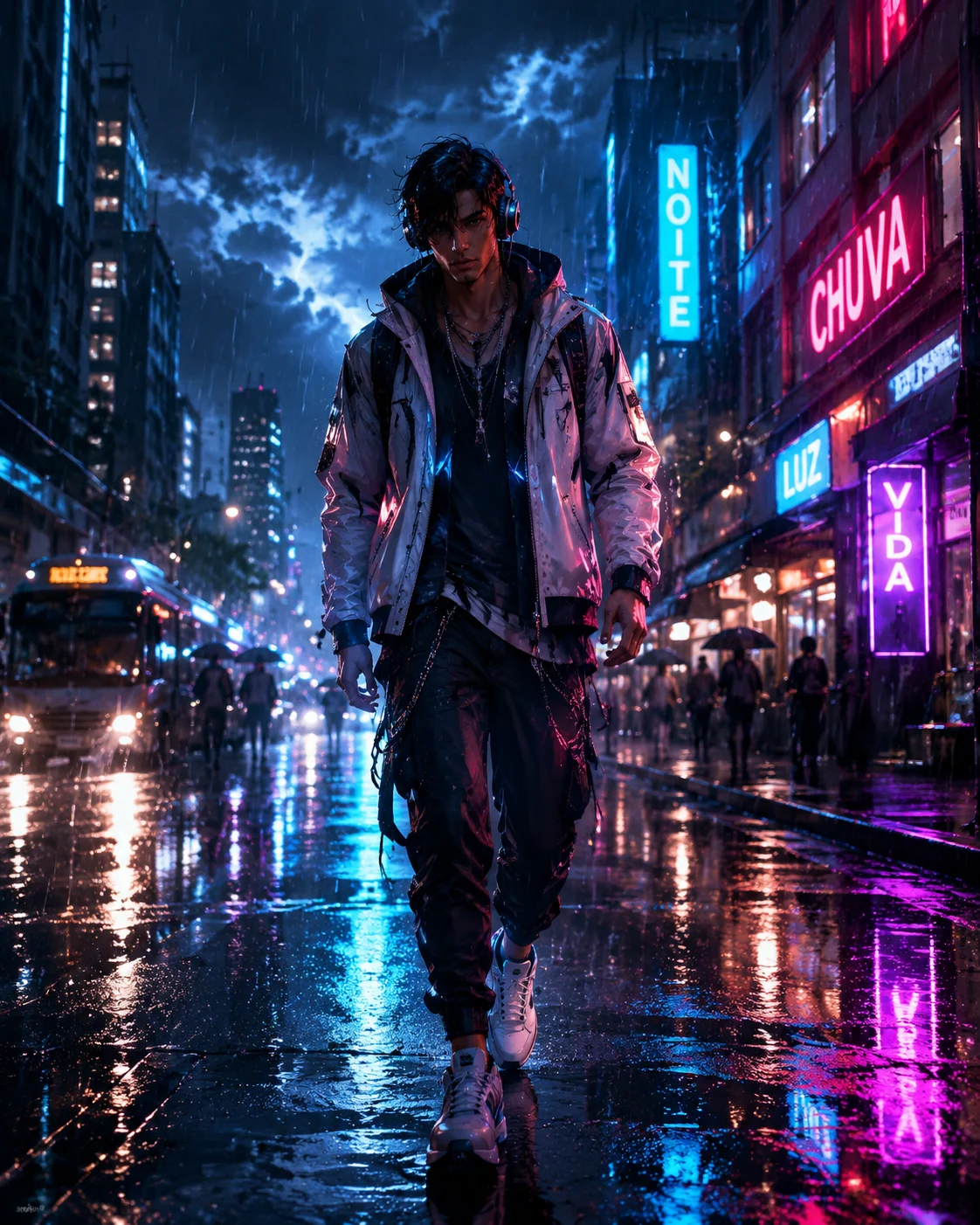 Anime-Portrat auf einer regnerischen Neon-Avenue in Sao Paulo