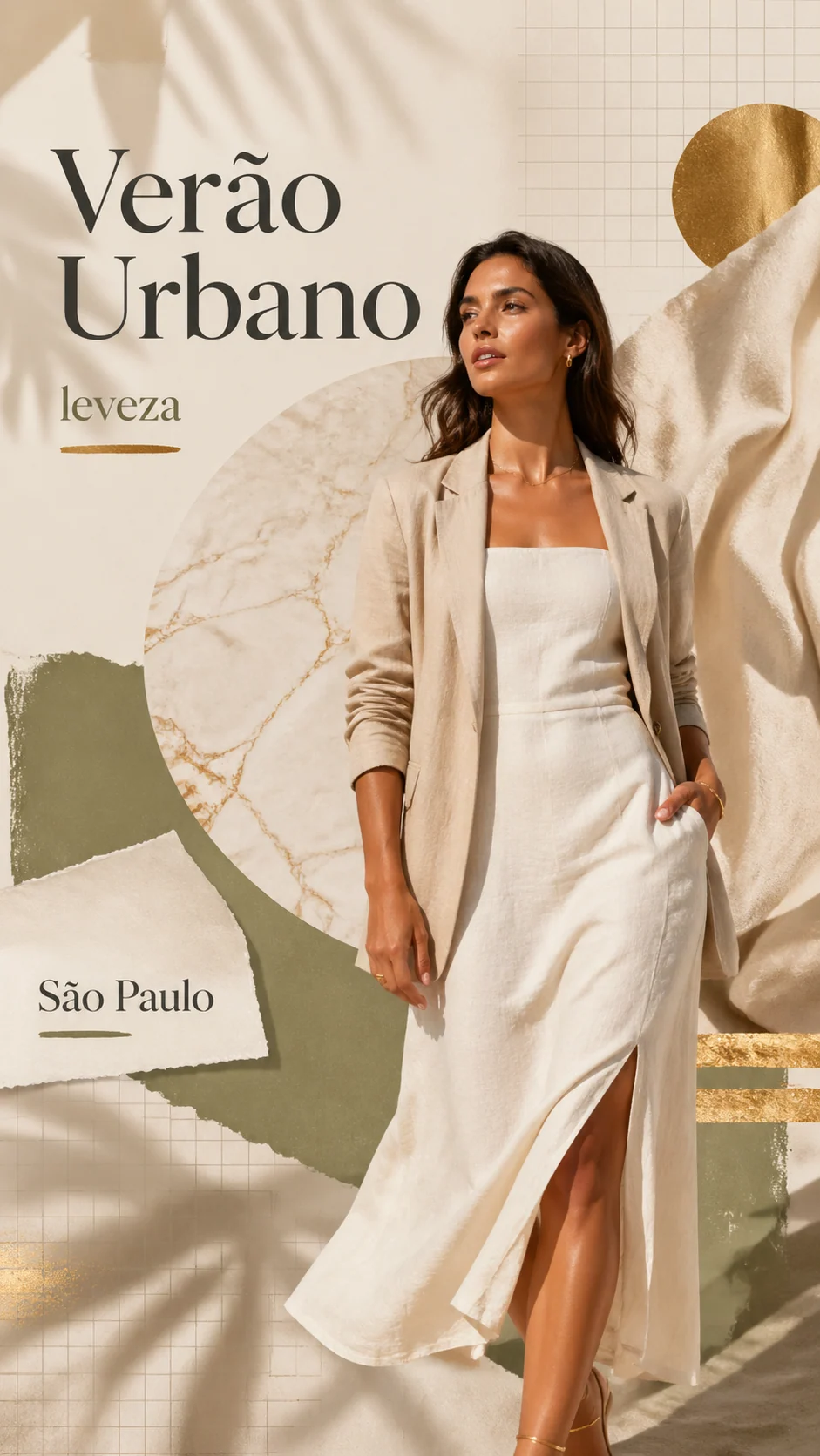 Portuguese vertical resortwear campaign poster with warm editorial light