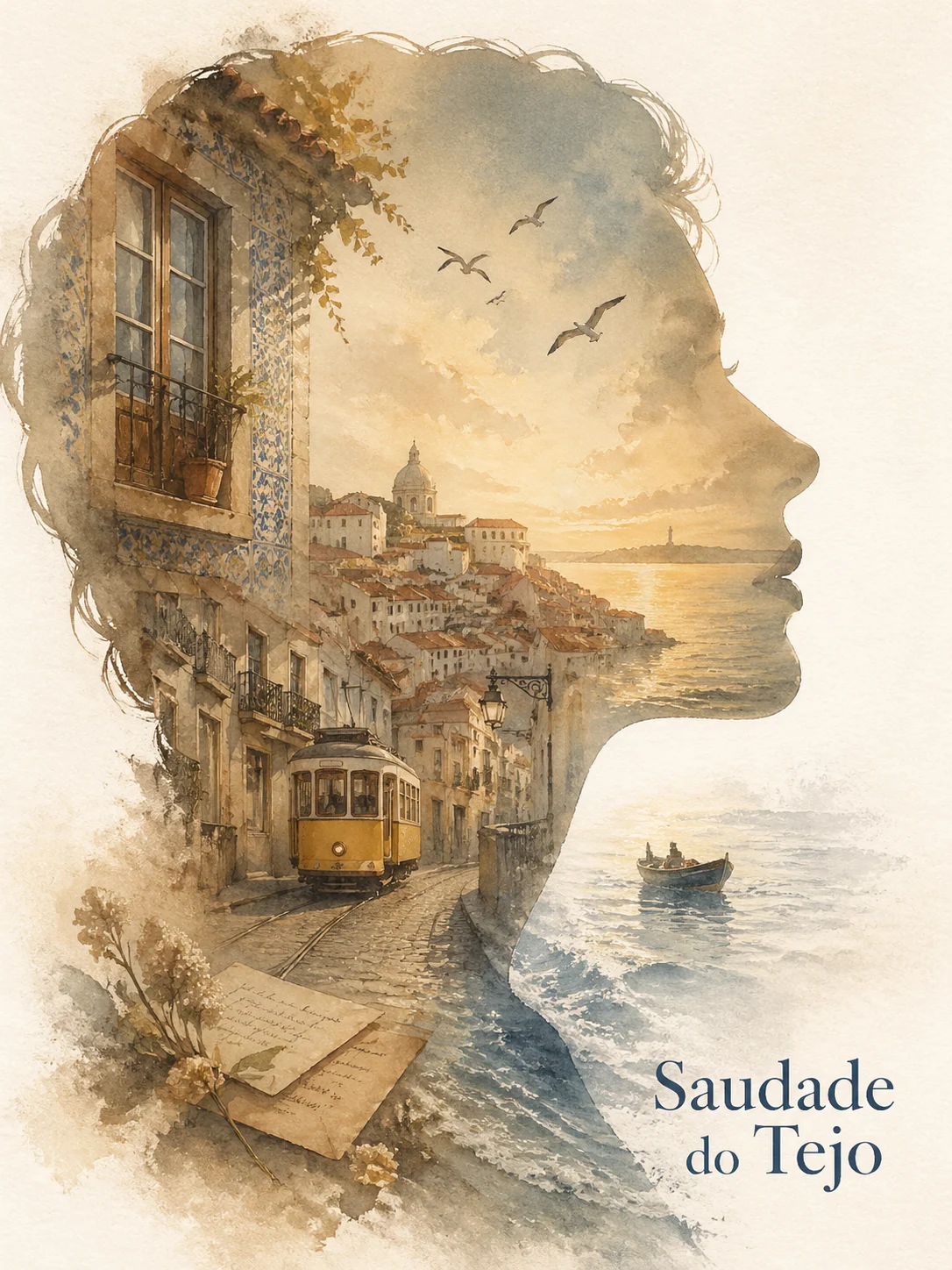 Poster em português com silhueta e memória do porto