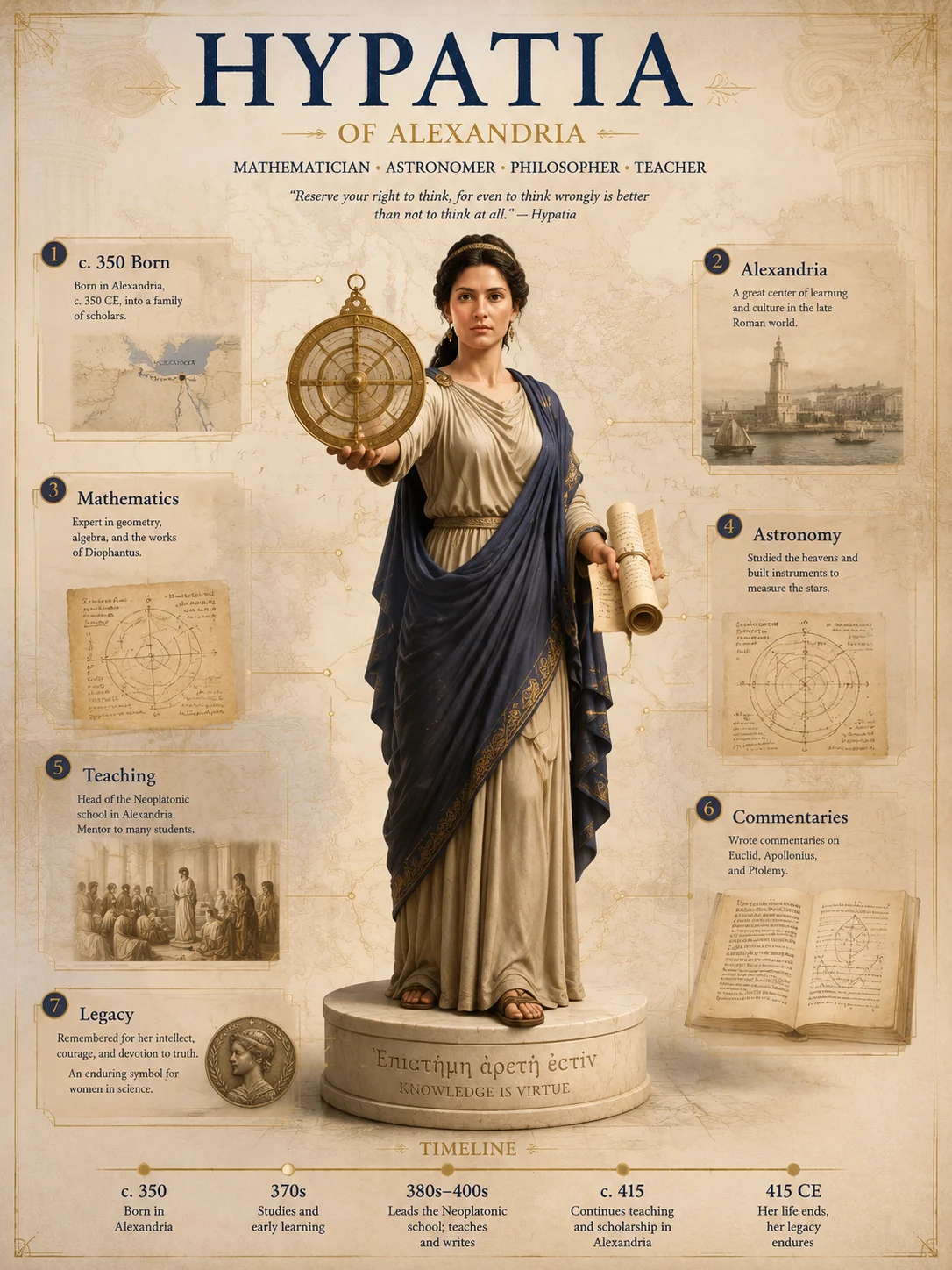 3D historical biography poster for a scholar strategist with floating event archives