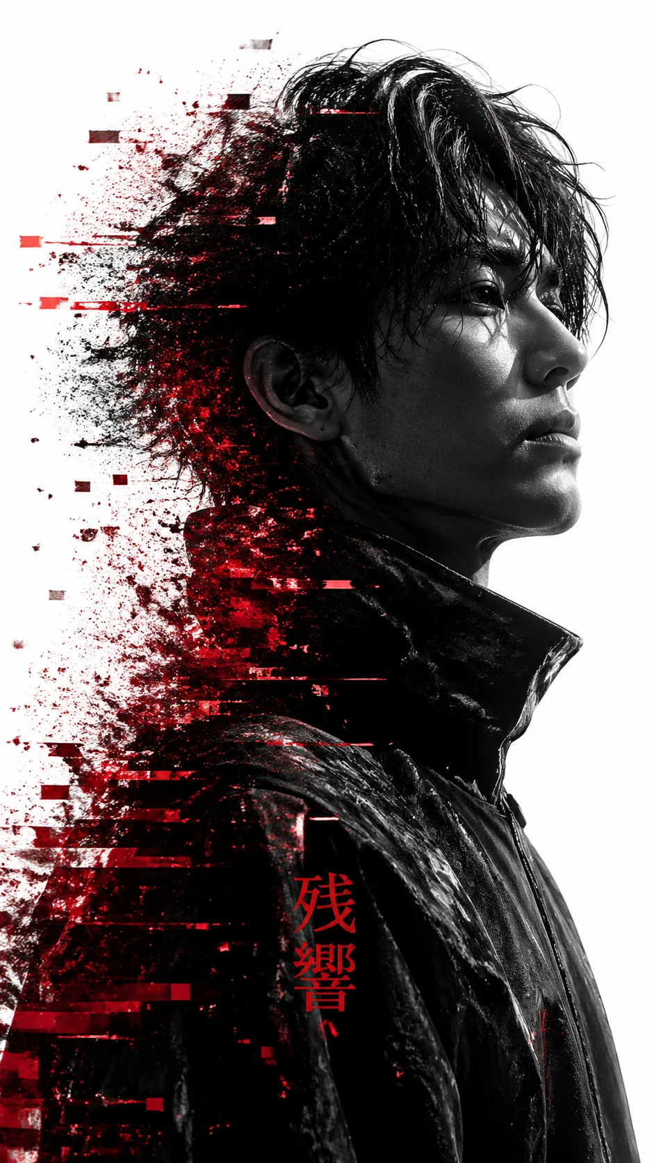 Original sci-fi character profile poster with red digital shards