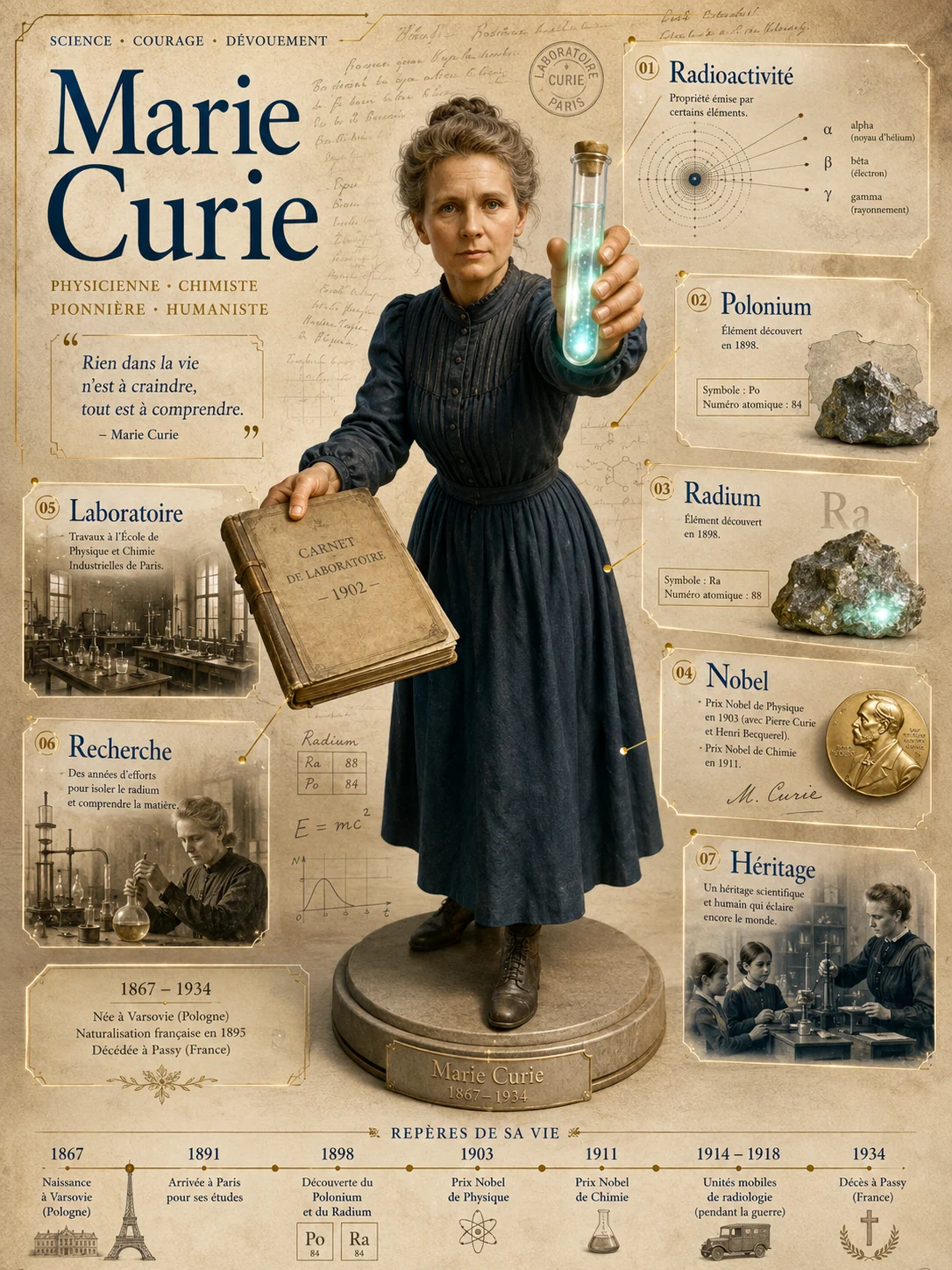French 3D biography poster for a scientist with discovery timeline