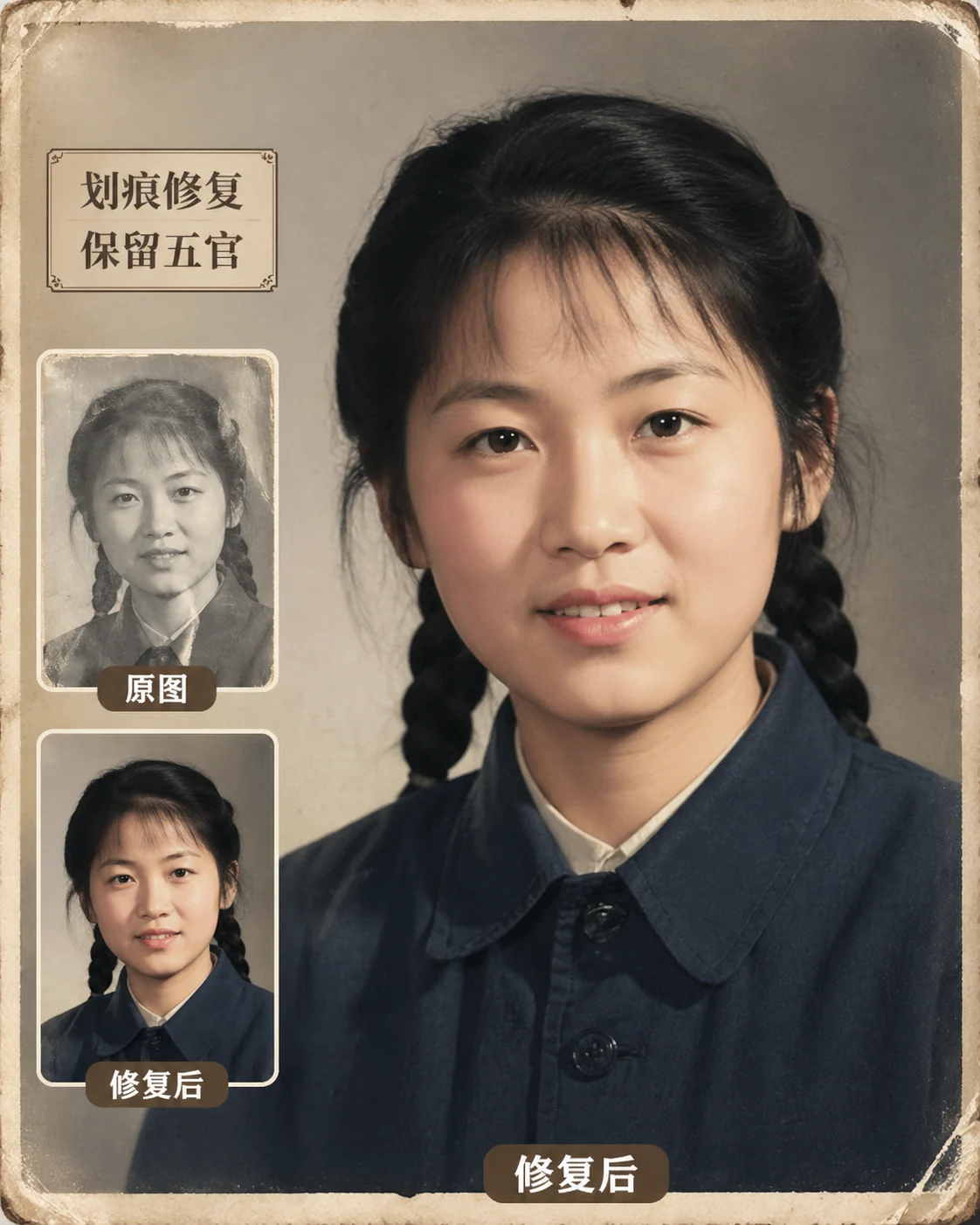 修复划痕和折痕后的老照片人像