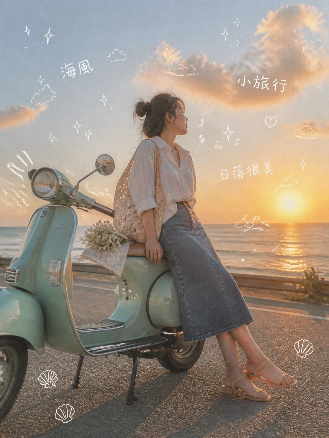 海邊機車夕陽生活照與手寫日記塗鴉