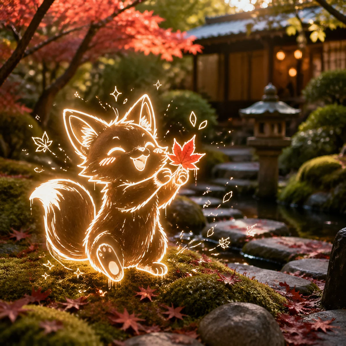 Neon dancer holding an iced drink outside a Seoul cafe