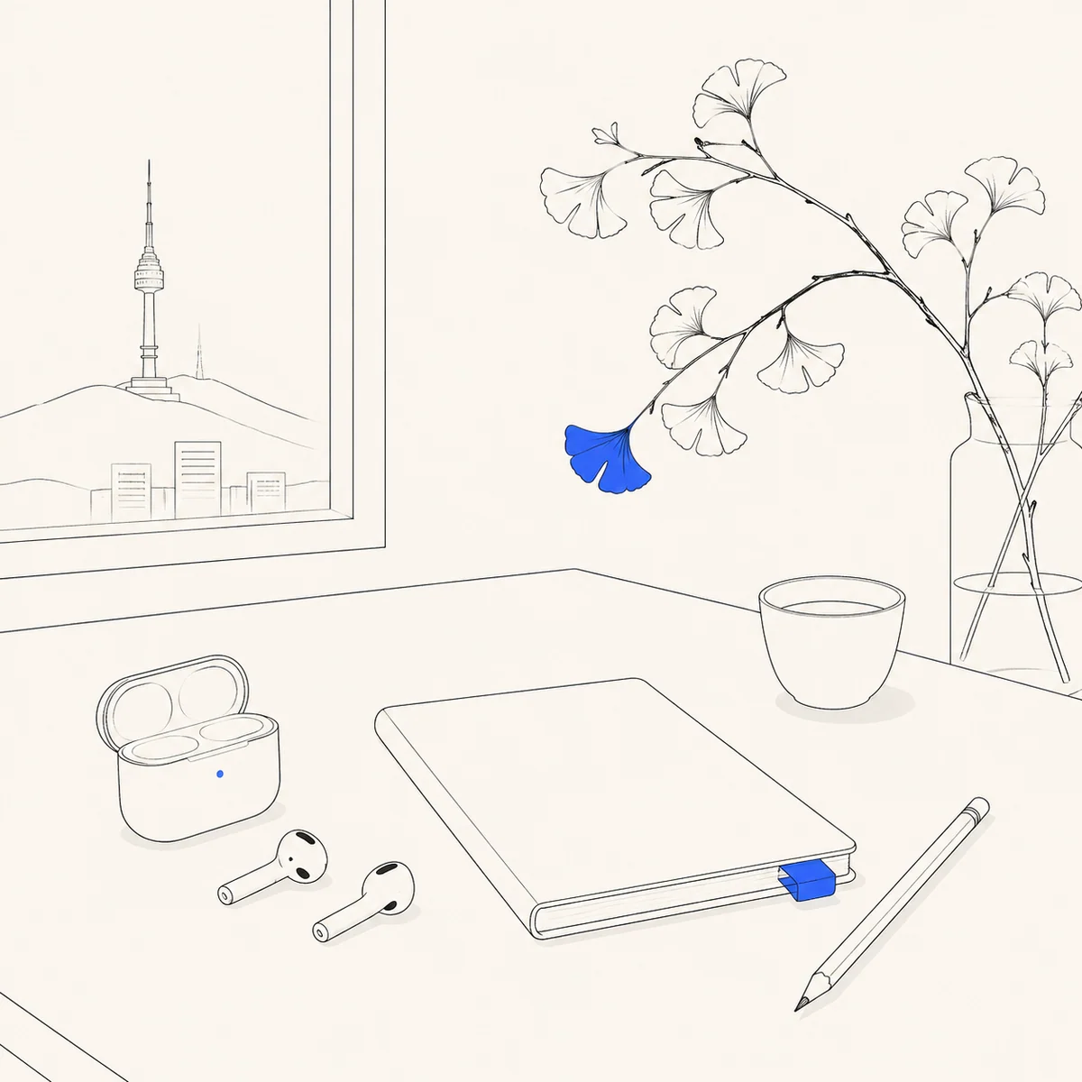 Minimal desk objects line illustration with cobalt accent