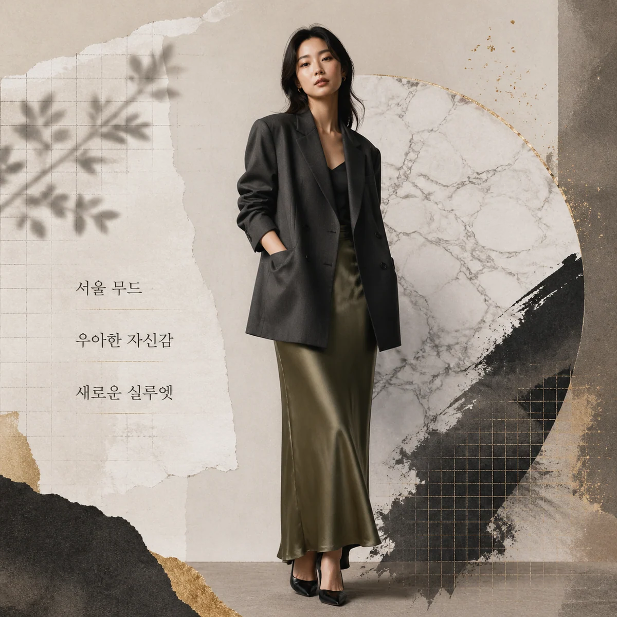 Korean square fashion zine poster with adult model and bold type