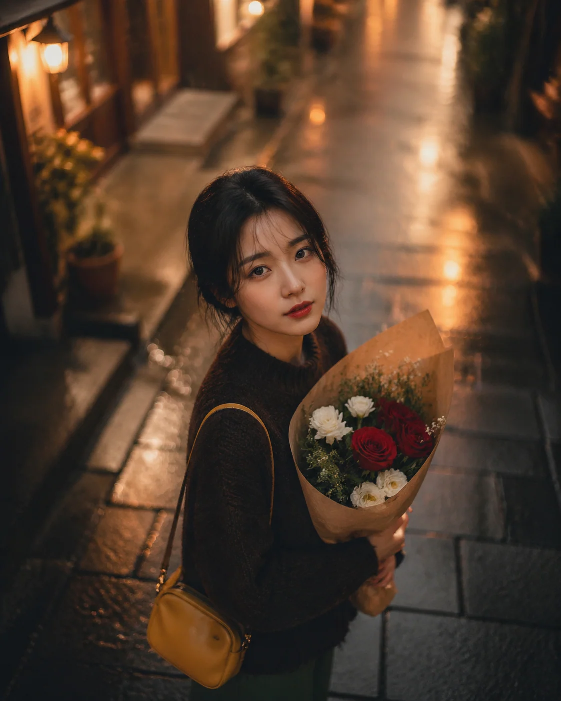 Rainy Seoul bouquet portrait with cinematic reflections