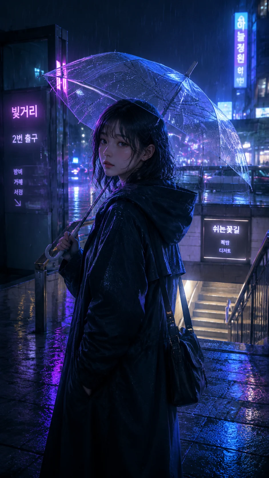Anime-Poster einer Figur an einem regnerischen U-Bahn-Eingang in Seoul