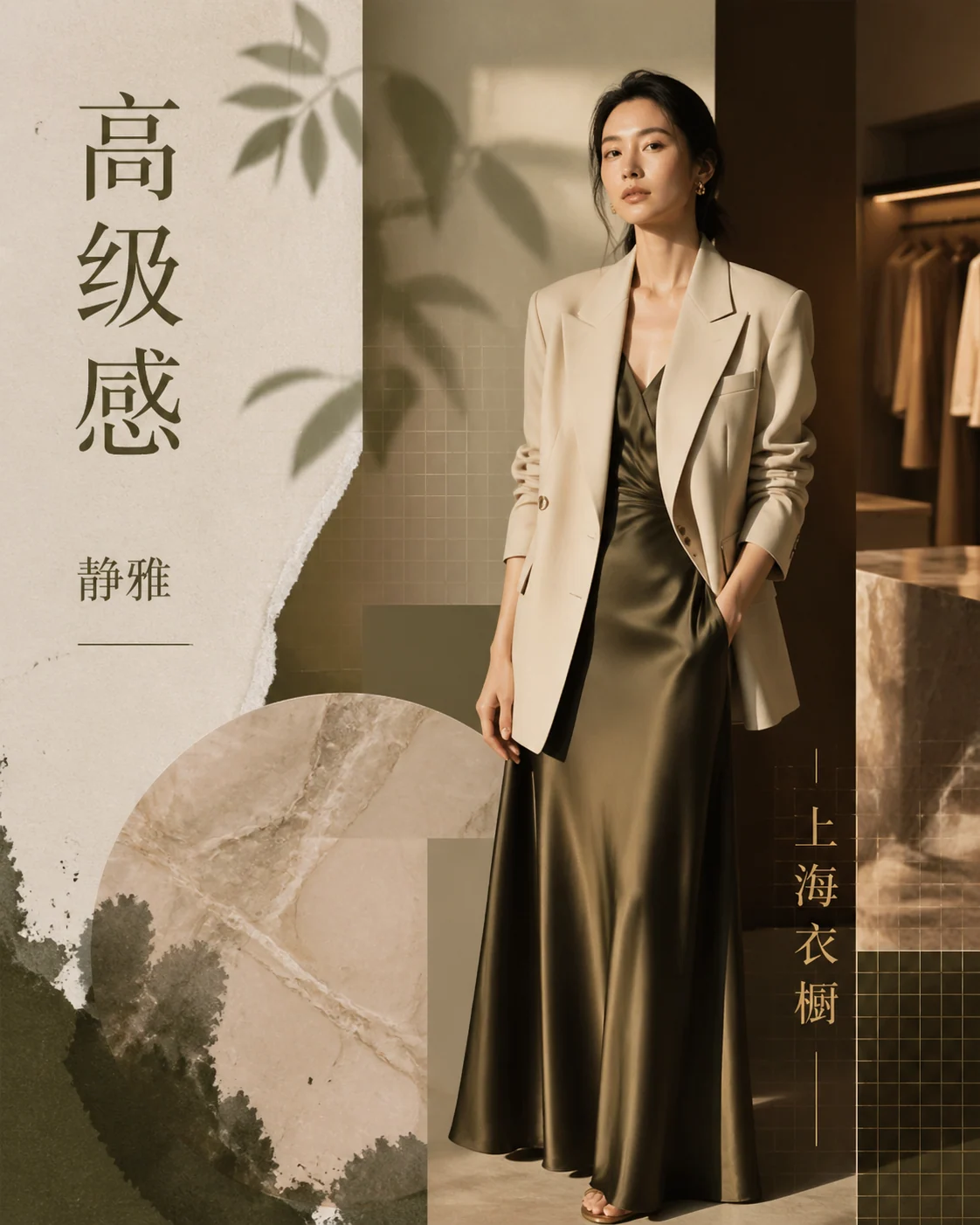 Simplified Chinese luxury fashion editorial poster with Shanghai boutique mood