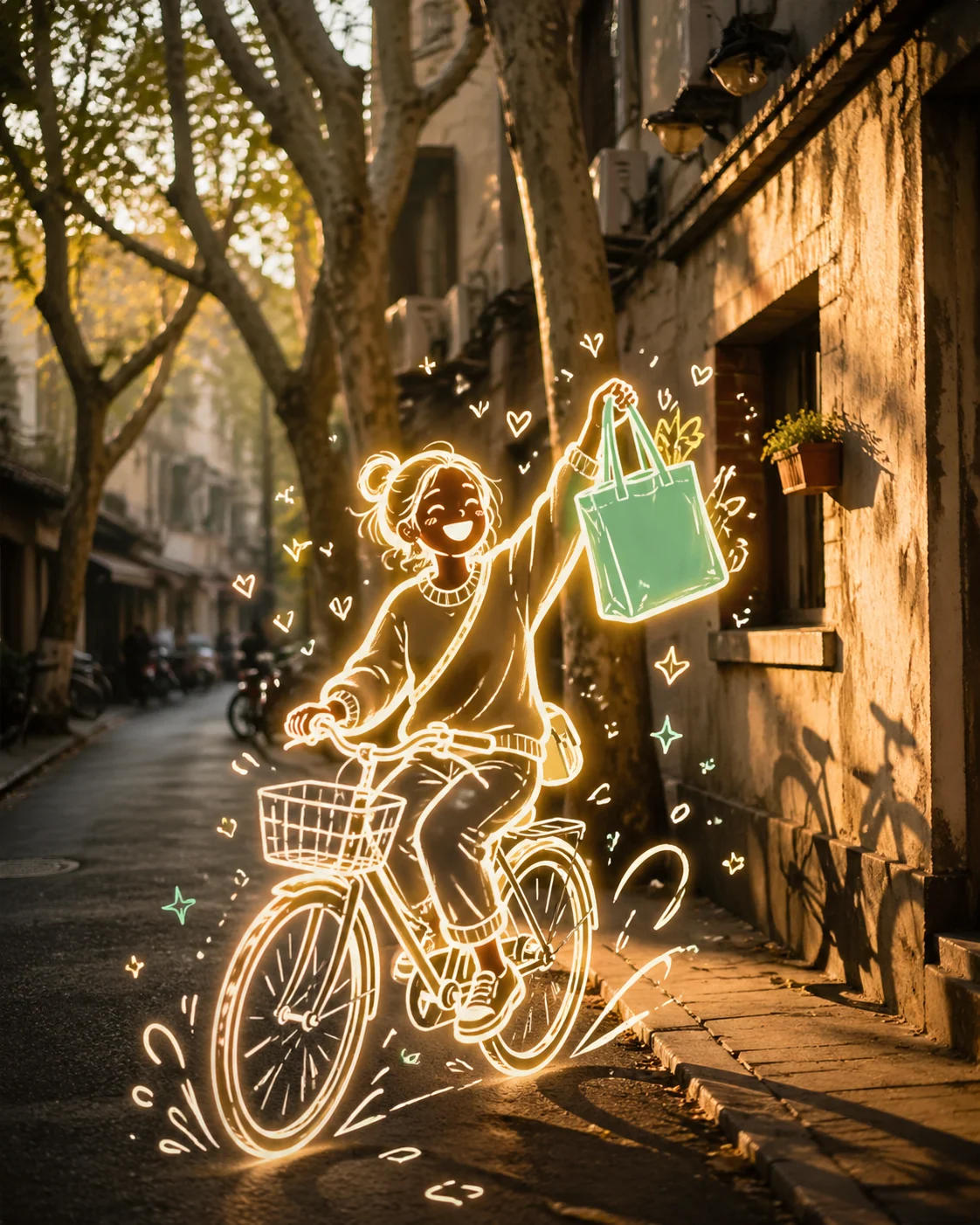 Neon bicycle rider over a sunlit Shanghai lane photo