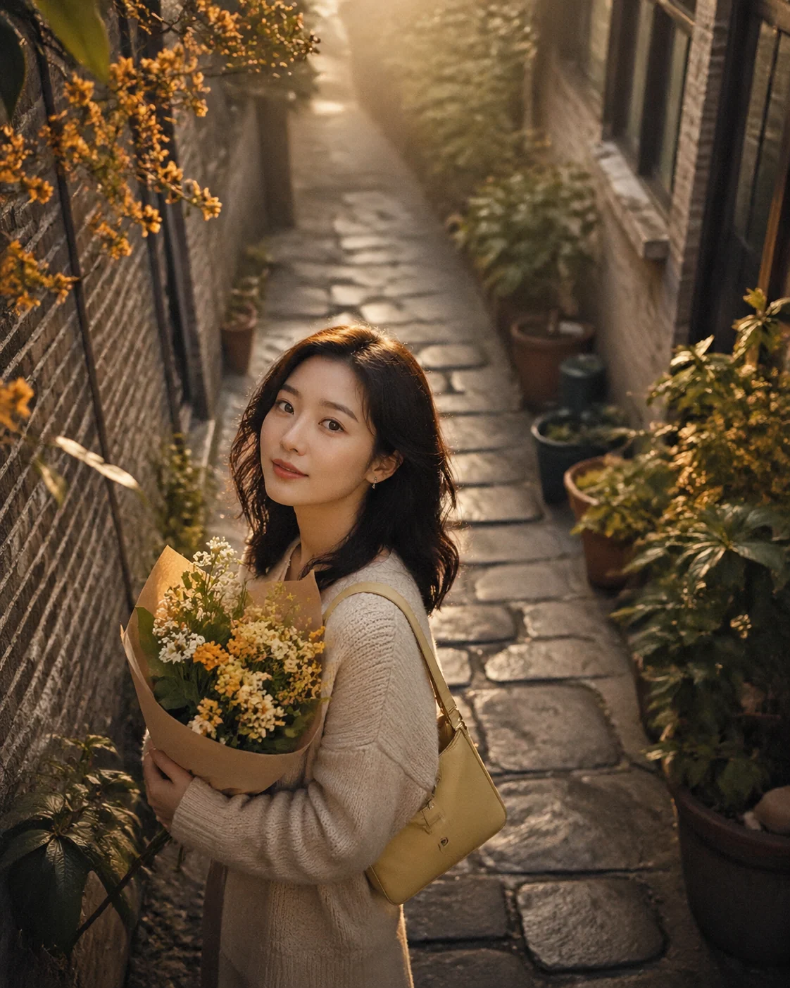 Cinematic Shanghai lane portrait with osmanthus flowers