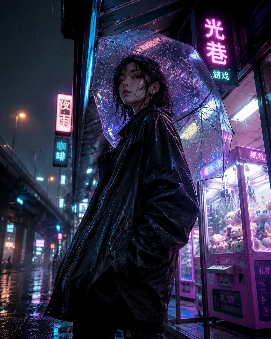 Anime-Poster einer Figur an einer regnerischen Neon-Kreuzung in Shanghai