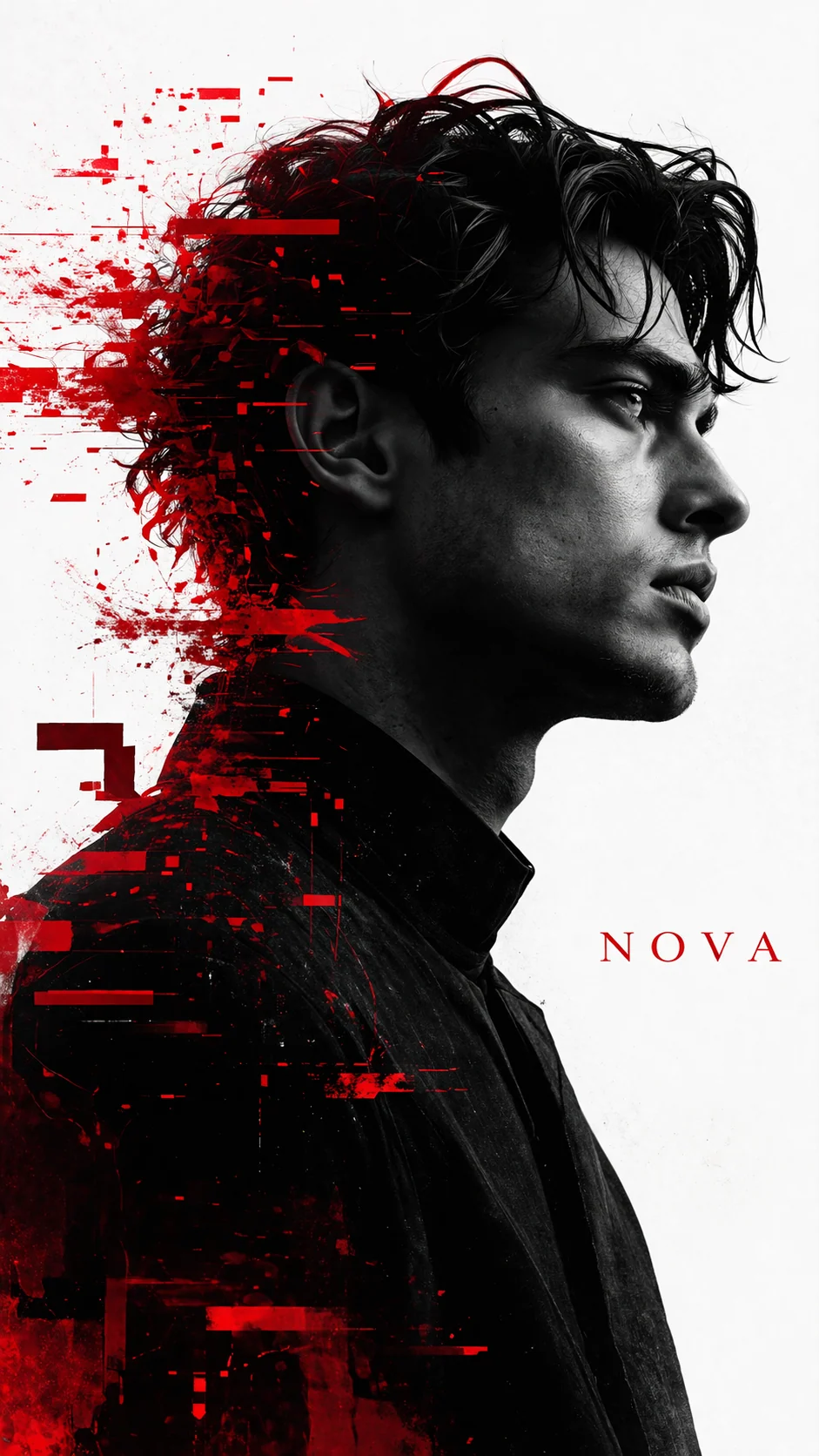 Black white and red side-profile glitch noir portrait sample