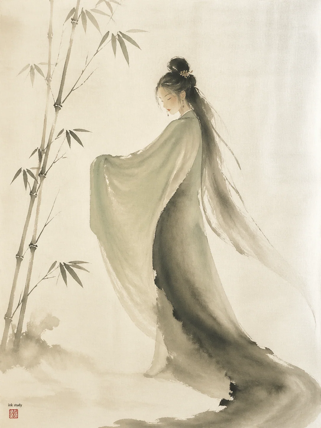 Boneless wet ink court dancer on warm white silk
