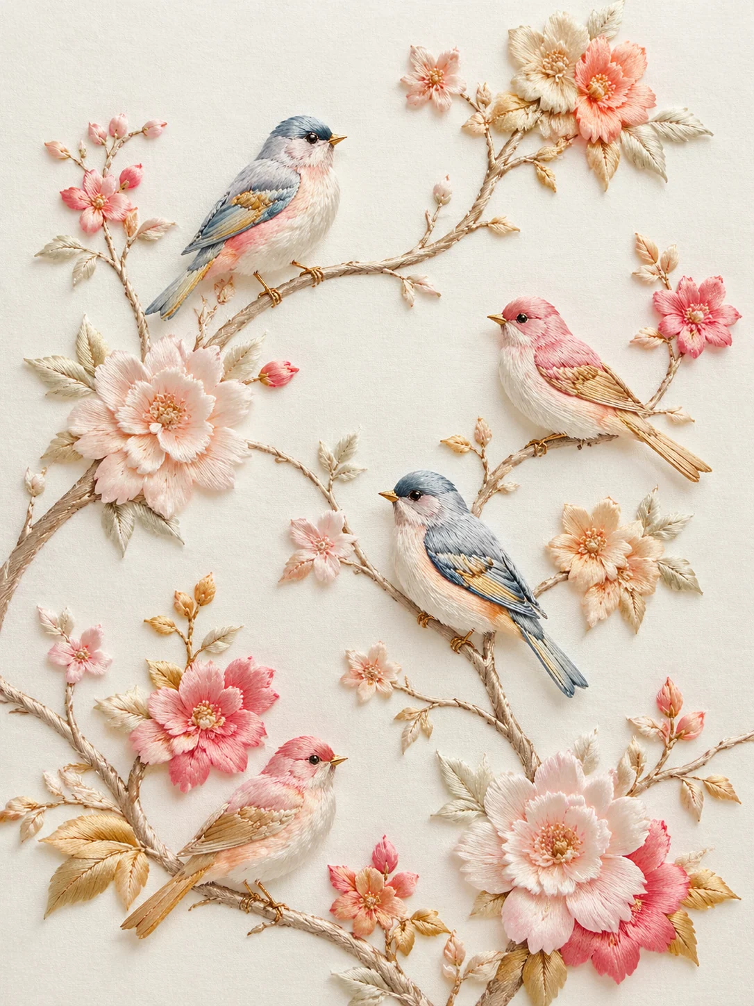 Silk white raised embroidery birds on flowering branches