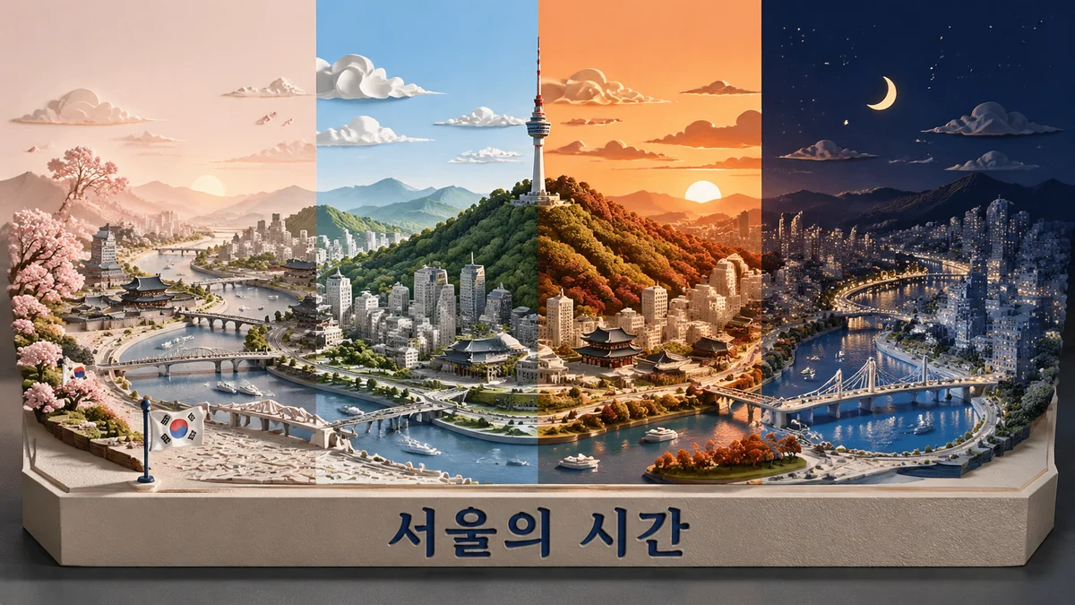 Wide city skyline diorama divided into seasonal light slices