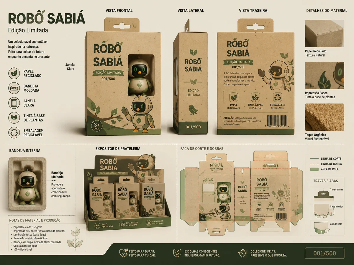 Beispiel fuer Sammelfiguren-Verpackung: Embalagem ecológica de brinquedo colecionável Robô Sabiá