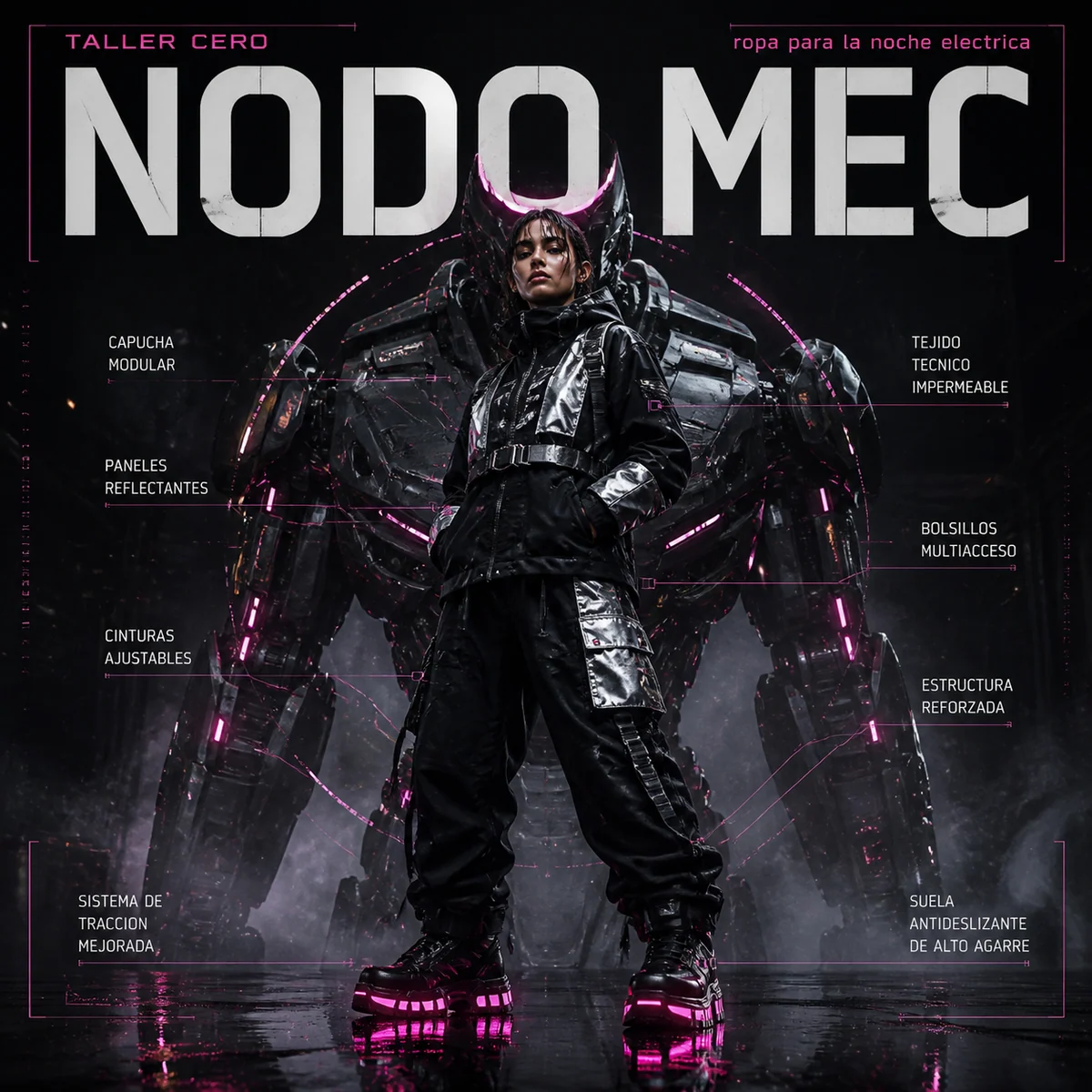 Cartel espanol de silueta robotica y moda