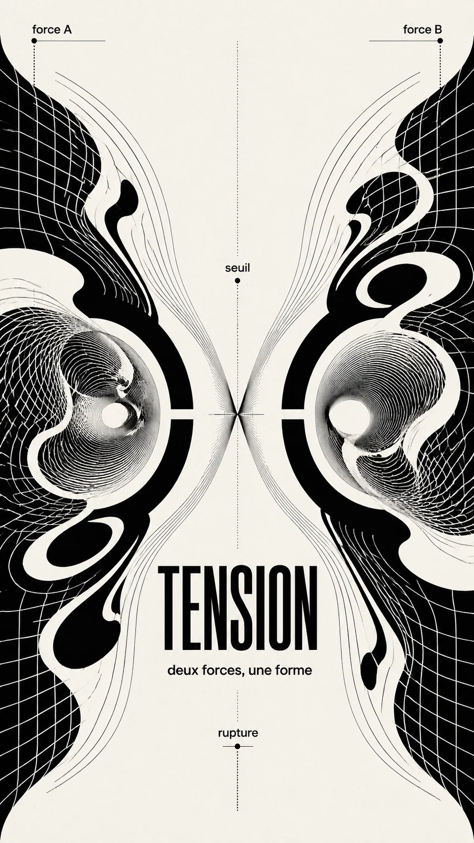 Vertical split-force abstract poster in monochrome Op Art style