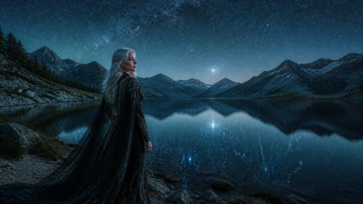 Silver-haired fantasy muse beside a starlit lake sample