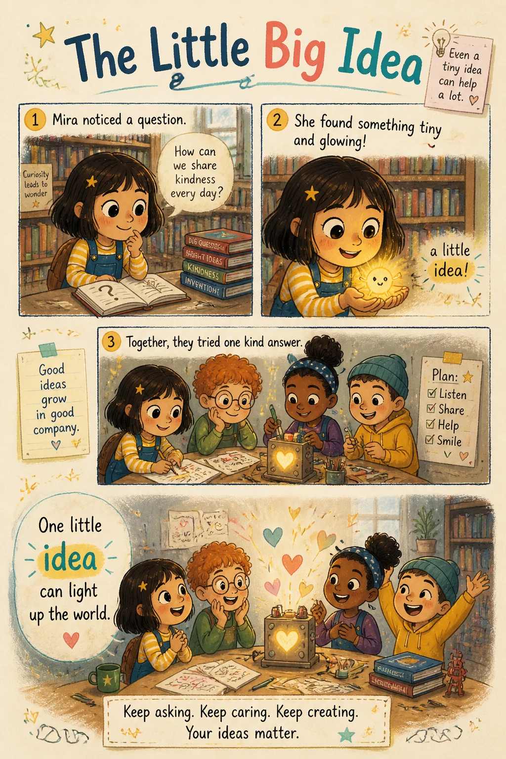English storybook page about a small team discovering a helpful idea