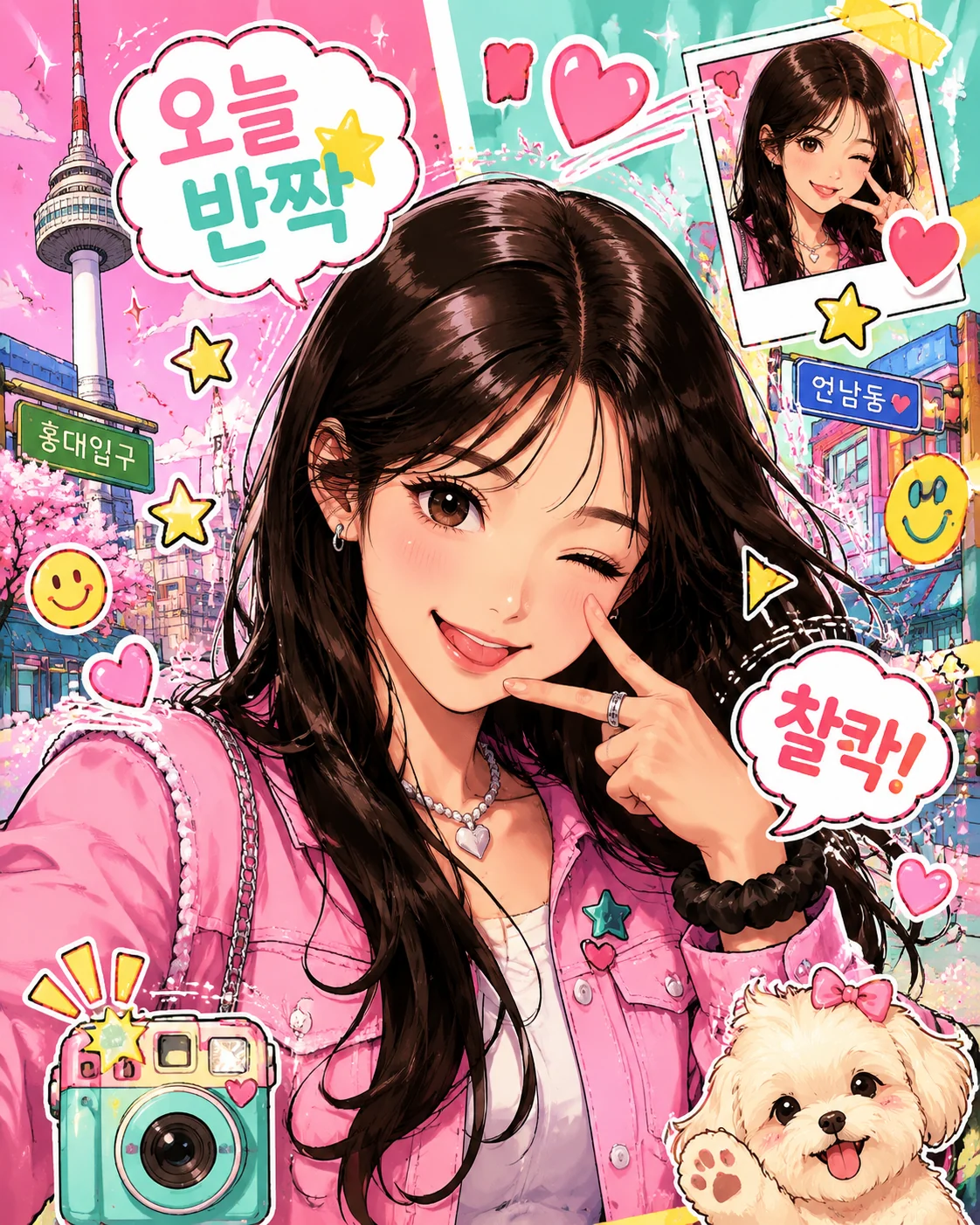 스티커와 말풍선으로 둘러싼 애니 초상 포스터
