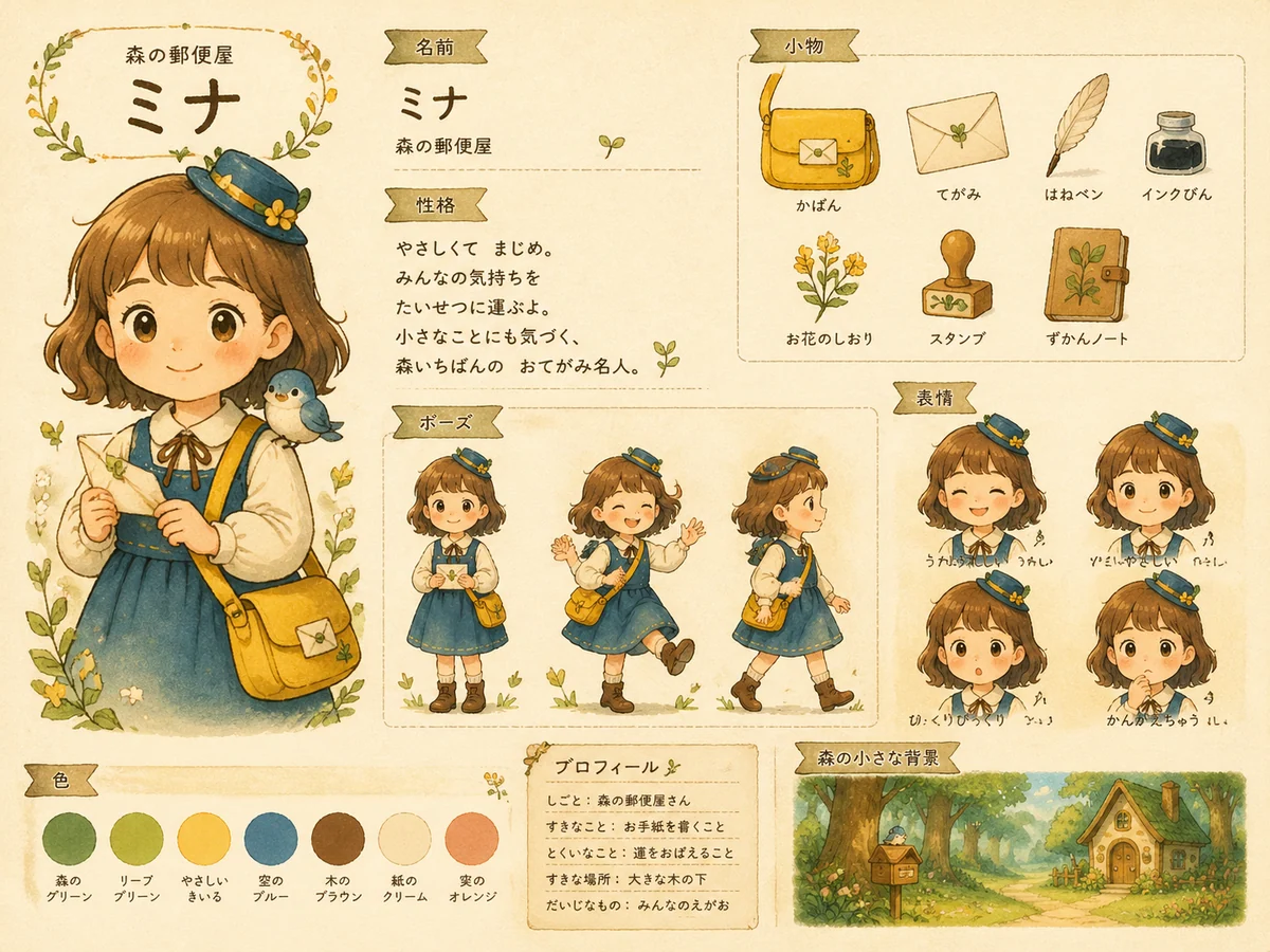 Storybook character design board with costume details, props, expressions, and story notes