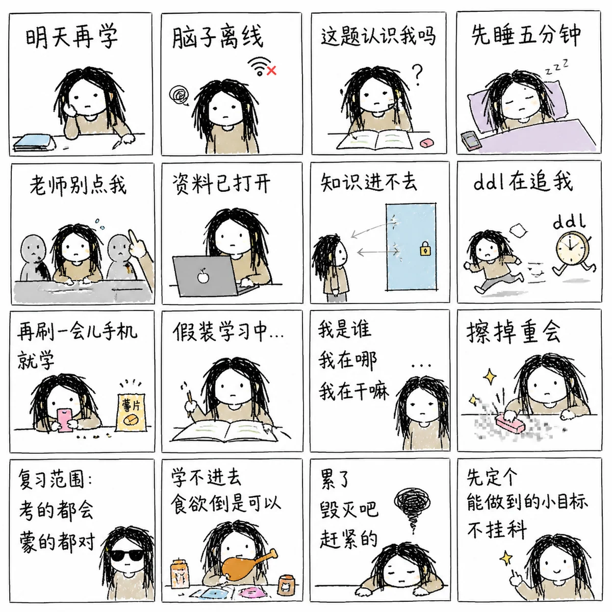 学习拖延症手写表情包示例