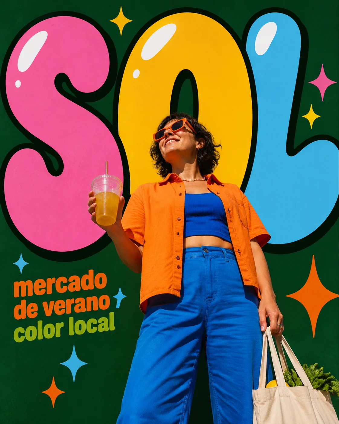 Spanish summer market poster with adult portrait and bubble typography