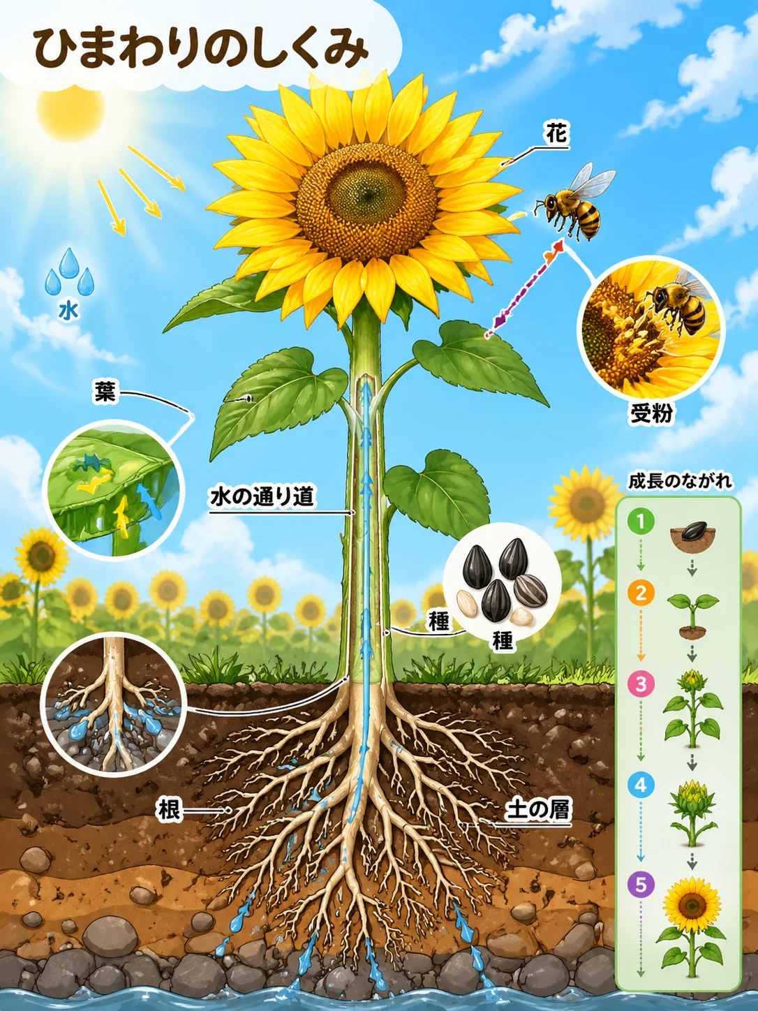 ひまわり成長断面の科学絵本サンプル