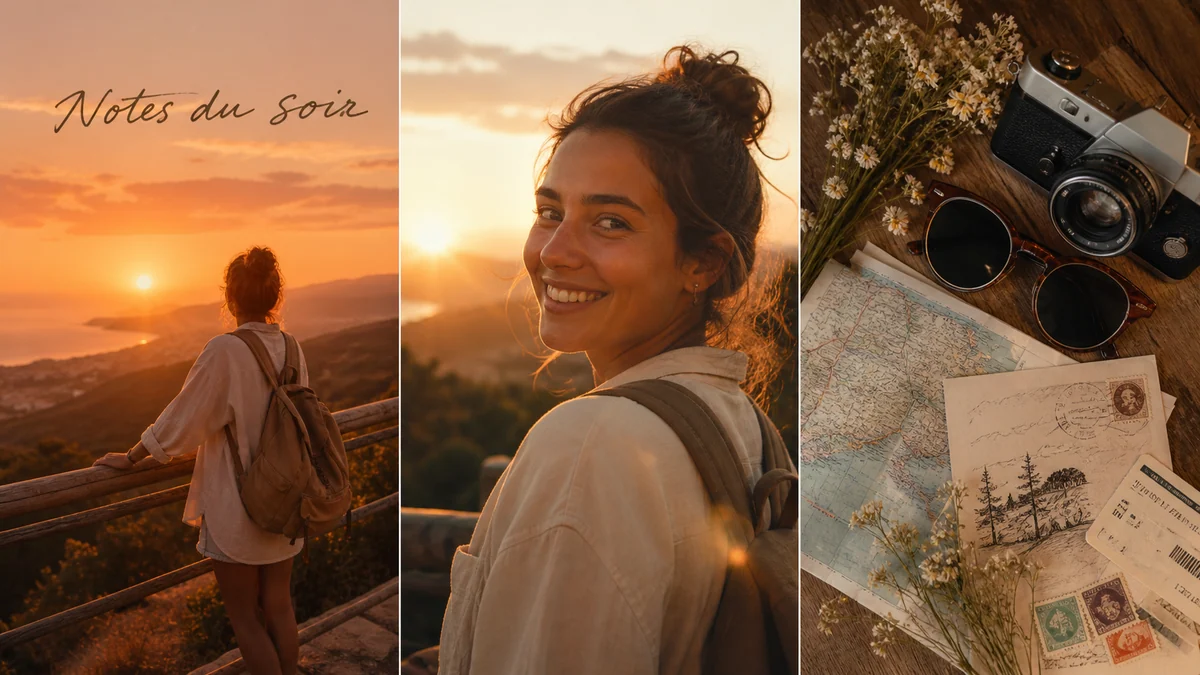 Sunset travel lifestyle collage with postcard mood