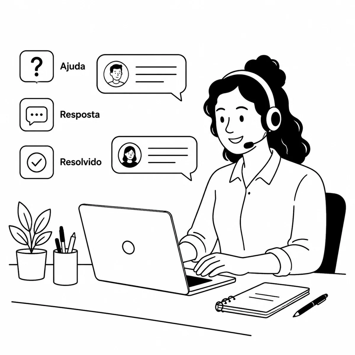 Ilustração monocromática em português para suporte ao cliente