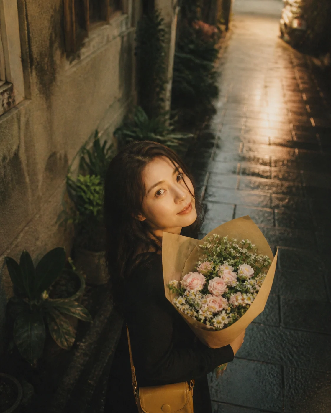 Cinematic Taipei flower lane portrait with soft evening light